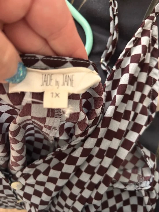 Jade By Jane Checkerboard Button-Front Slip Dress in Light Blue and Brown - Picture 3 of 6